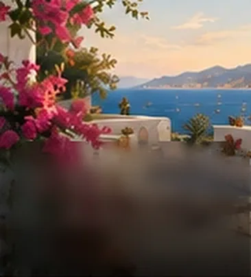Bougainvillea over a white terrace above the Aegean