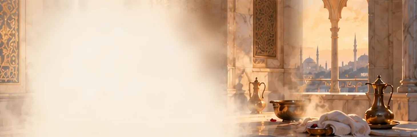 Steam and soft light in a marble hamam