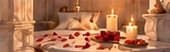 Candles and rose petals on a marble table
