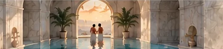 A couple standing in the sunlit arches of a hamam pool